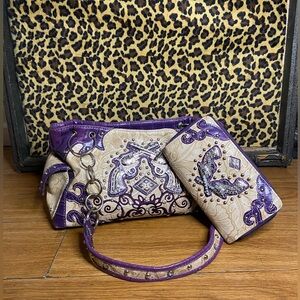 Blinged out and studded purple and tan cowgirl purse.